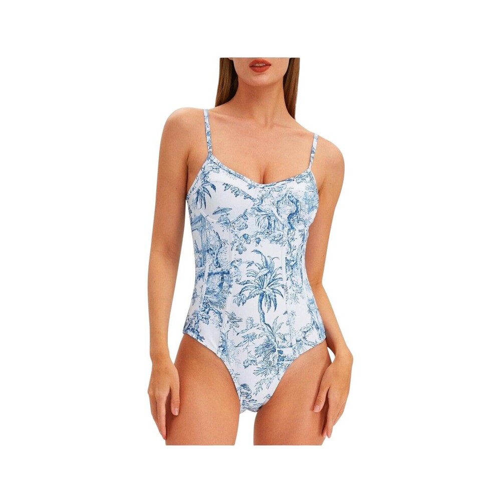 Jollkichay One Piece Blue And White Floral Swimsuit And Sarong Wrap Size L NWT